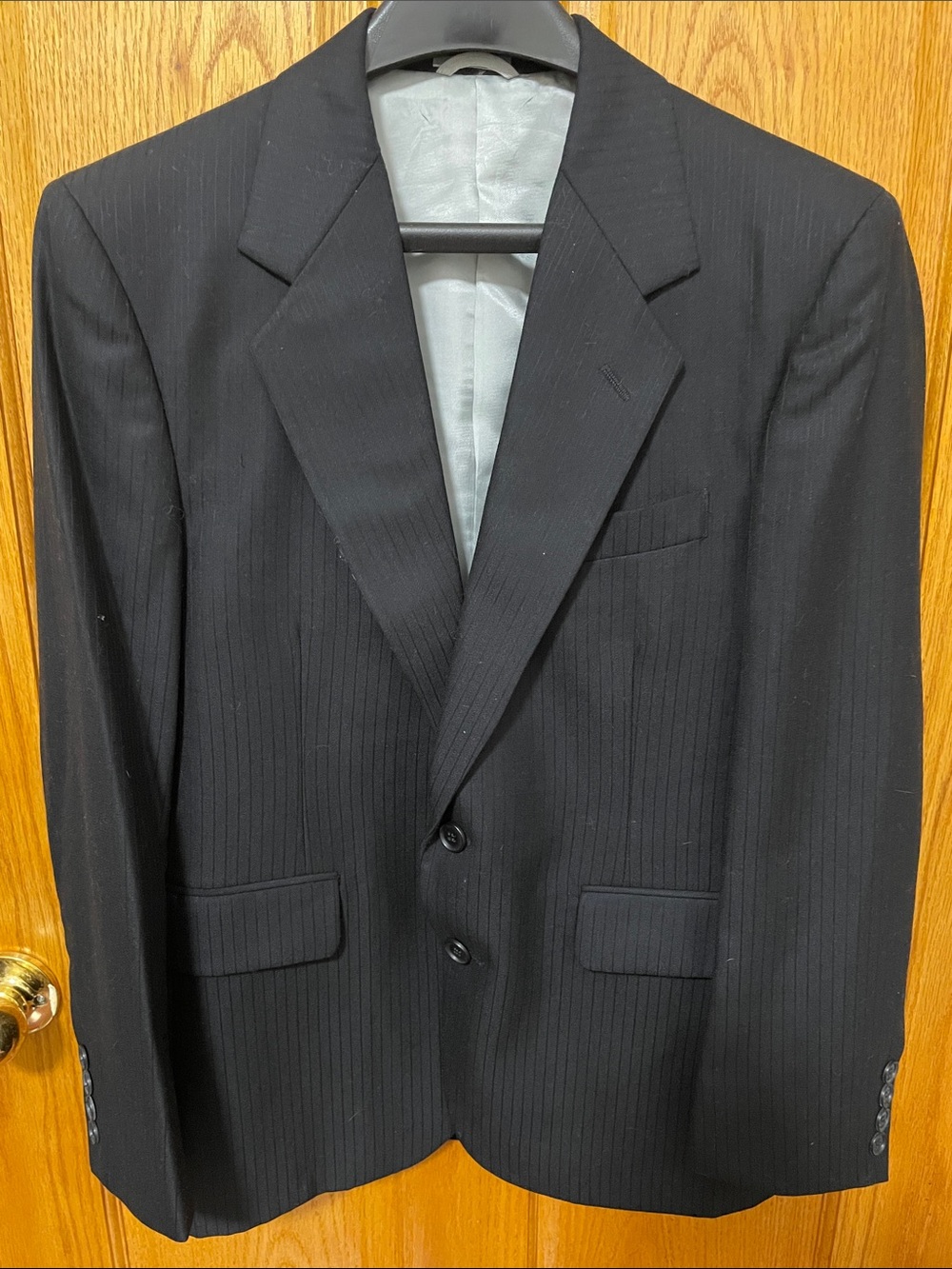 Vintage Black Pinstripe Men's Two-Button Suit Jacket with matching pants